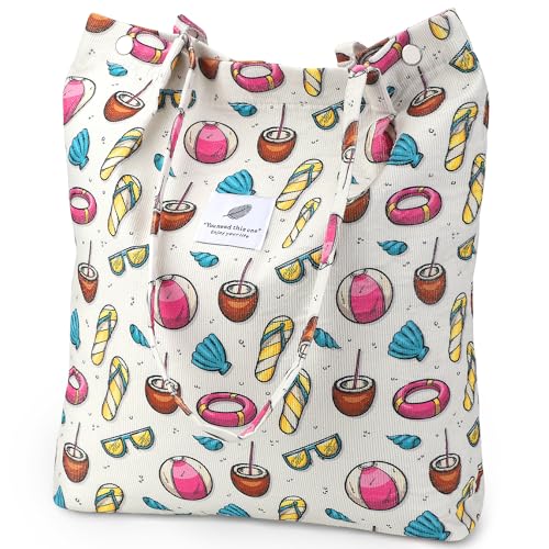 Bolso de mano de pana para mujer, bolso de lona con cordón de hombro con bolsillo interior, Playa colorida, Large