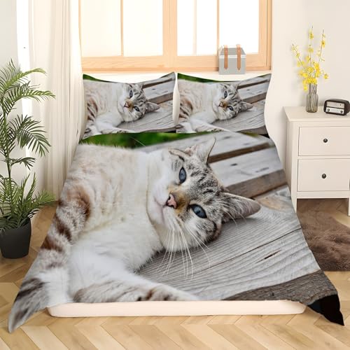 Housse de couette 240x260 chat avec 2 taies d'oreiller en microfibre douce