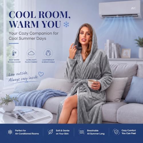 Image of RONGTAI Womens Robes Plush Fleece Hooded Bathrobe Thick Nightgown with Pockets Fluffy Sleepwear