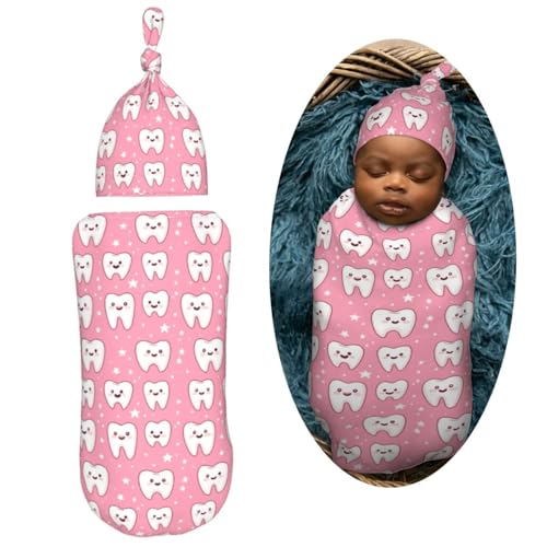 Image of Kawaii Tooth Pattern Newborn Swaddle Blankets Hat Sets Soft Baby Receiving Blanket Swaddle Sack for Baby Shower Infant Boy Girl Gift