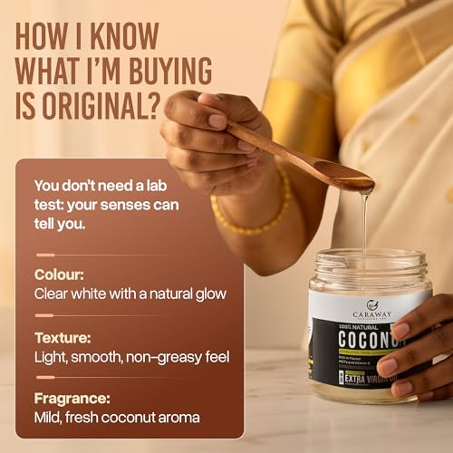 Image of CARAWAY Extra Virgin Coconut Oil - 200 ml | Coconut Oil Virgin Cold Pressed & Centrifuged - Suitable for Baby Massage, Hair Care & Ayurvedic Practices | Rich in MCT's | Glass Packaging