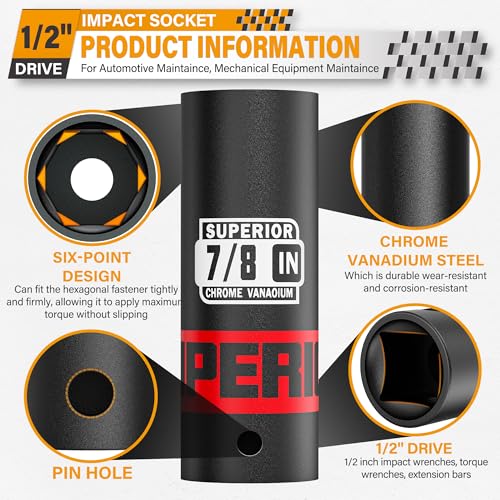 Image of 1 /2 inch Drive Impact Socket, 7 /8 inch Deep Socket, SAE, 6 Point, CR-V, for Car Repair, Loosen the Fastening Nut