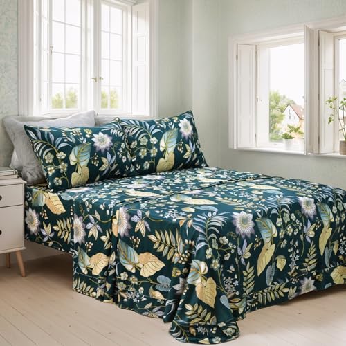 Image of FADFAY Sheets Set Twin Teal Elegant Floral Bedding Tropical Plam Leave Sunflower Bedding 800 Thread Count Luxury Summer Sheets 100% Egyptian Cotton Deep Pocket Bed Sheets Set, 4 Pieces-Twin Size