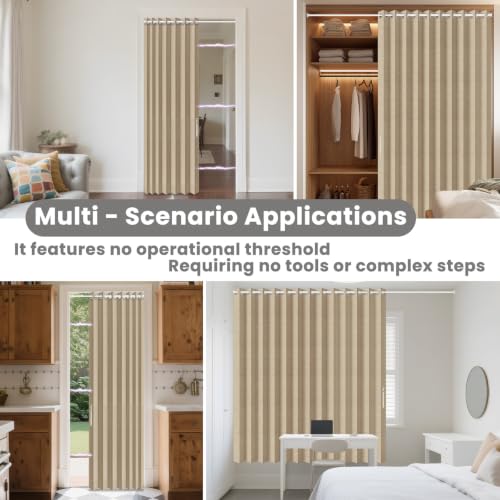Image of AJAZZ Blackout Accordion Door Interior with Curtain Rods Adjustable 28-52 inch Long, Magnetic Door Curtain for Bedroom Living Room Kitchen Doors Curtains Set, 1 Pack, W52 x L80 in, Brown