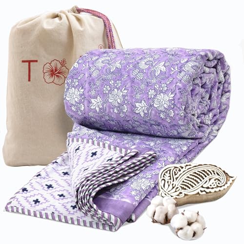 Image of TOAIArt Premium Jaipuri Dohar | AC Blanket Summer Quilt | Hand Block Printed | 3 Layers | Reversible | 150GSM 100% Mulmul Cotton | 100% Cotton Flannel Filling | King 108 inch X 90 inch |Lavender Kalamkari