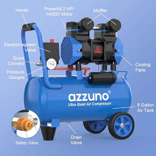 Image of AZZUNO 8 Gallon Air Compressor, 4.2CFM@90PSI Oil Free Air Compressor Tank & Max.145PSI Pressure, 70 dB Ultra Quiet Compressor for Auto Repair, Tire Inflation, Spray Painting, Woodwork Nailing