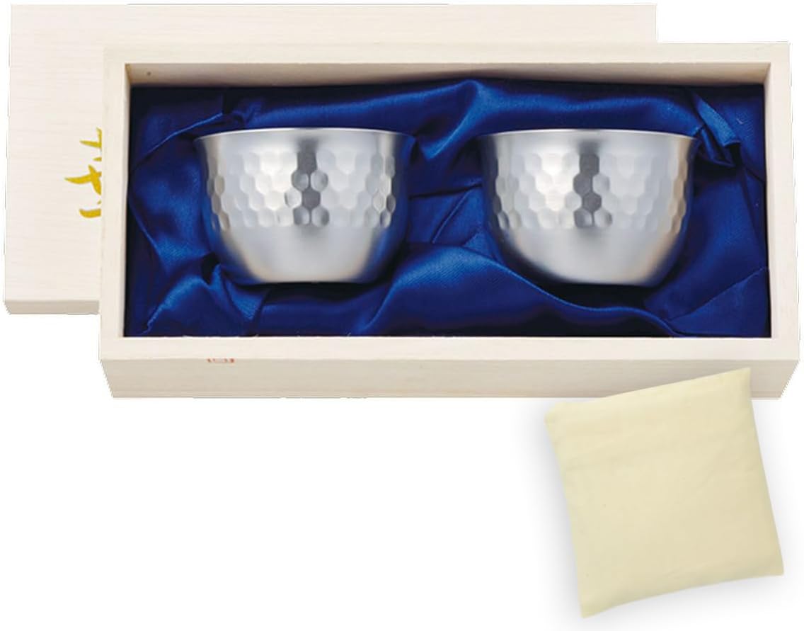 J-kitchens Japanese Sake Glass, Guinomi 3.4 fl oz (90 ml), Hammered, Frosted, Paulownia Box Set, 3.4 fl oz (90 ml), Made in Japan (Eco Bag, Vietnamese Set)