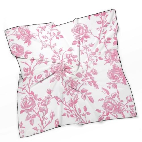 Pink Floral Rose Toile Pattern Women Hair Scarf Square Silk Like Head Scarves Handkerchief Satin Neck Scarf3