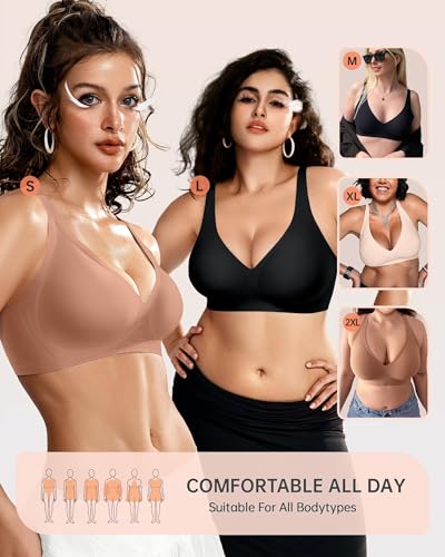 Image of OEAK Womens Deep V Bras Wireless Comfortable Bra Supportive No Underwire Bras Tshirt Push Up Bralettes Plunge Seamless Bra Latte XL