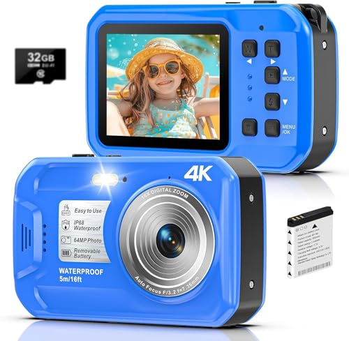 Cámara digital, Yixinxin Cámara subacuática 4K 64MP 16FT Cámara impermeable para bucear, pantalla IPS HD 16X zoom digital y tarjeta de 32 GB