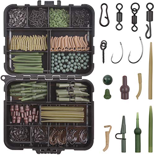 JOGFFDE Karpfenangel-Zubehör-Set - 360 Stück/Box Karpfenzubehör inklusive Rollwirbel, Druckknöpfe, Anti-Verhedderungshülsen, Hakenstopper, Boilie-Köderschraube Cover