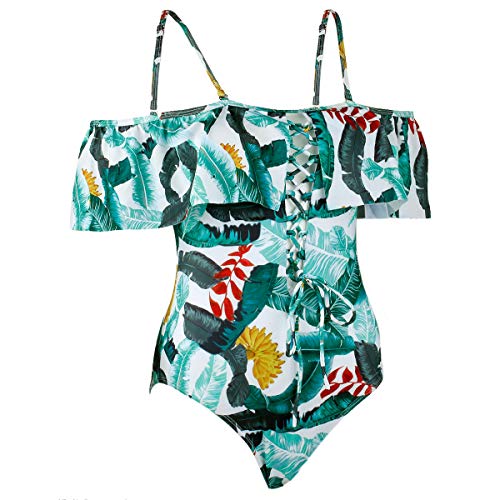 Sportmusies Women’s Criss Cross One Piece Swimwear Off Shoulder Ruffled Swimwear