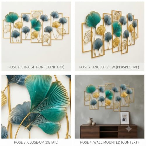 Image of SMILES GIFT Luxury Imported Wall Hanging | Large 3D Gold & Teal Metal Wall Hanging | Ginko Leaf Sculpture for Home Decor for Living Room & Office