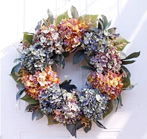 Fall Wreaths with Blue: A hydrangea-filled wreath in blended tones of blue, purple, and warm orange, adding texture and depth to fall entryway styling.