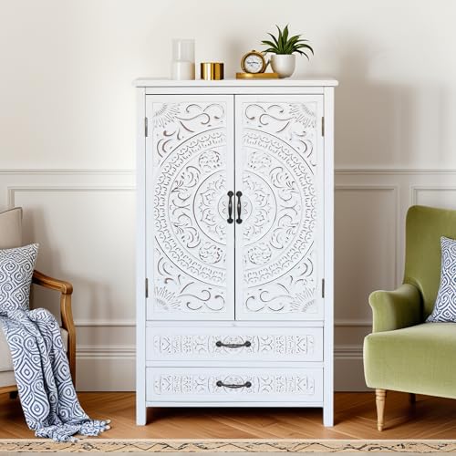 Image of French Country Farmhouse Cabinet - Decorative Storage Cabinet with Vintage White Finish Solid Wood Storage Cabinet for Multi-Room Use, Ideal as a White Sideboard Cabinet in Living Room or Dining Room