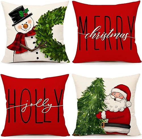 Image of PSDWETS Christmas Pillow Covers 18x18 Inch Set of 4 Christmas Decorations Santa Claus Snowman Pillows Winter Holiday Throw Cushion Case for Couch Sofa