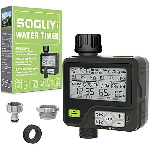 SOGUYI Temporizador Riego Automatico con 6 Programas de Riego, Frecuencia de Ciclo de Semana/Días/Horas, Sensor de Lluvia Programador Riego, Programador de Riego a Pilas Cover