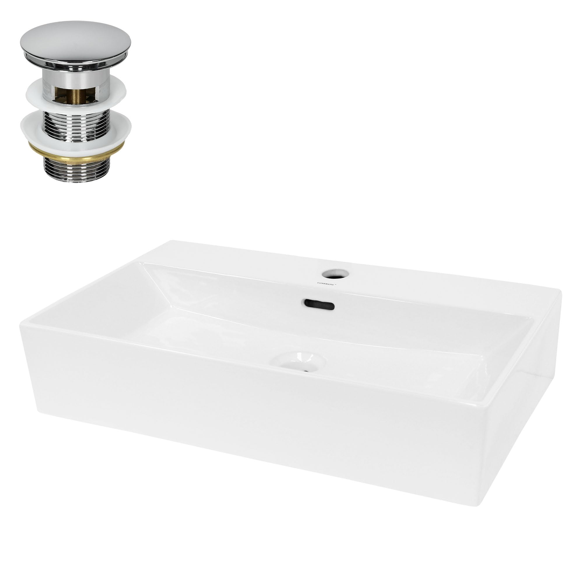 ECD Germany Lavabo da Appoggio in Ceramica Bianco Rettangolare 605x365x130 mm Design Moderno Lavabo Moderno da Appoggio Ceramica Lavandino Lavamano con Set di Scarico Lavabile 1 1/4" in Ottone Cromato