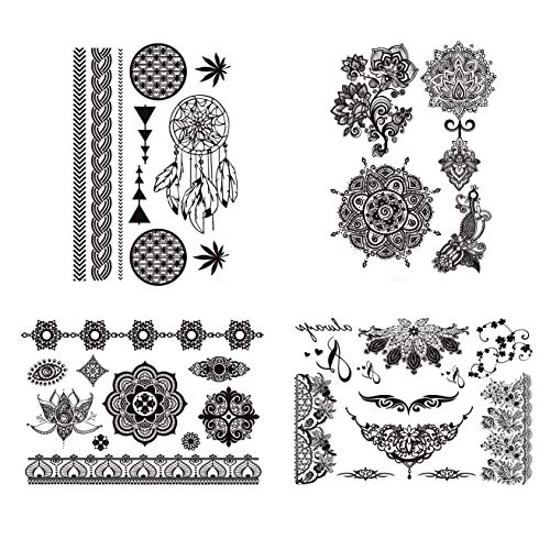 COKOHAPPY 4 Sheets Black Lace Wedding Dream Cathcher Mandala Lotus Crown Look Real Flash Temporary Tattoo