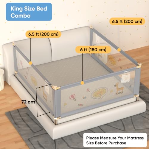 Image of Cherilo Bed Protector for Baby Falling | (6.5ft x 6ft x 6.5ft / 200cm x 180cm x 200cm), 3 Side | Foldable & Height Adjustable | Breathable Mesh, Kids-Friendly Prints | Grey (Pack of 3)