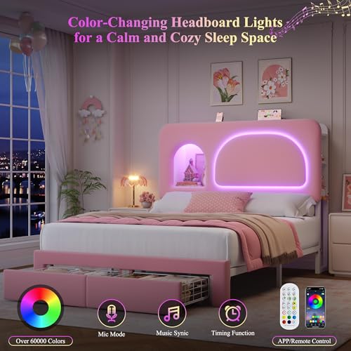 Image of Keyluv Full Size LED Bed Frame for Grils with Storage Bookcase Headboard&Charging Station, Velvet Upholstered Platform Bed with 2 Large Drawers&USB Ports, Sturdy Metal Support, No Box Spring Need,Pink