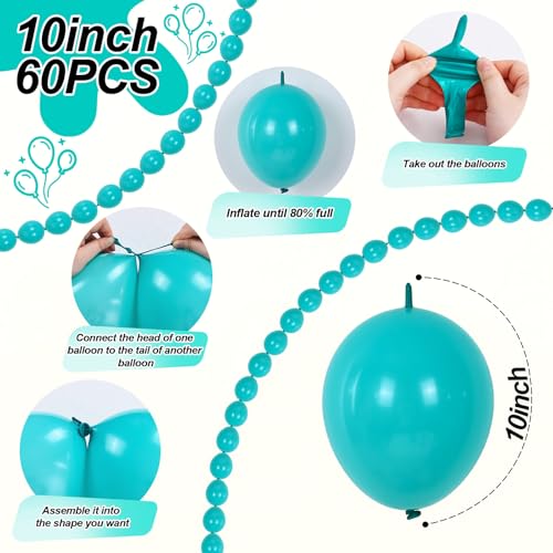 Image of Teal Blue Linking Balloons, 60PCS 10 Inch Turquoise Quick Link Balloons for Making Balloon Wall Heart Arch, Tails Balloon for Wedding Birthday Bridal Baby Shower Mermaid Pool Octopus Party Decorations