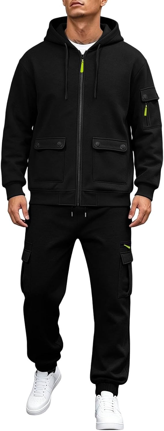 HJINGSUN Sweatsuits for Men Zip Up Hoodies Cargo Jogger 2 Piece Outfits
