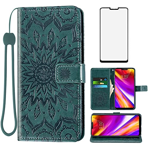 Phone Case for LG G7 ThinQ Wallet with Tempered Glass Screen Protector Leather Flip Cover Card Holder Stand Cell LGG7 One G 7 Plus LG7 Fit LG7ThinQ 7G Thin Q G7+ G7thinq LGG7thinq Women Men Dark Green