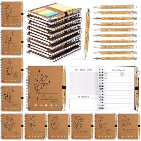 Watersay 60 Pcs Christian Gifts Bulk Prayer Journal Bible Verse Notebooks with Sticky Notes Christian Bamboo Ballpoint Pens Religious Notepad Church Gifts for Women Men Sunday School (Study Page Style) Cover