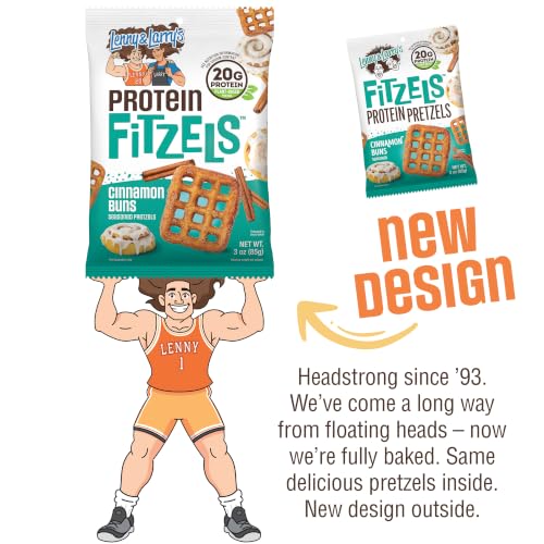 Image of Lenny & Larry's FITZELS Protein Pretzels (Cinnamon Buns) 8 Individual Bags 3 oz Each - High Protein Snacks with 20g of Plant Based Protein - Healthy Vegan Pretzels - Delicious Salty Taste