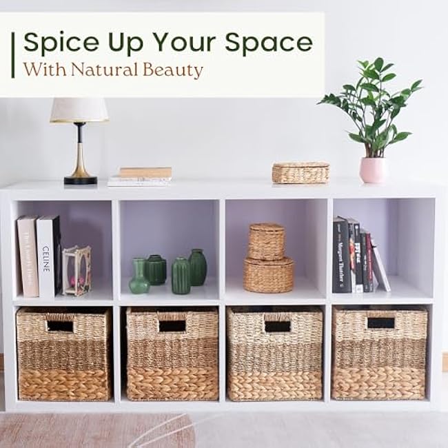 12x12 Storage Cube Bins Wicker Storage Basket for Cube Shelf, Natural Foldable Square Baskets for Storage, Large Woven Cube Storage Bin with Handle, Baskets for Pantry, Bedroom Set of 4