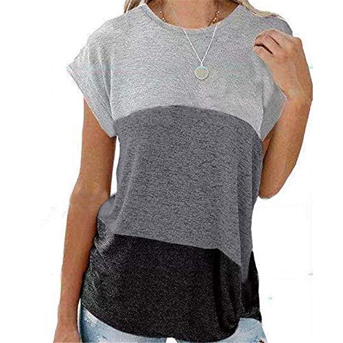 UGET Women Short Sleeve Triple Color Block Round Neck T-Shirt Casual Blouse Summer Tops Tunics for Leggings Grey X-Large