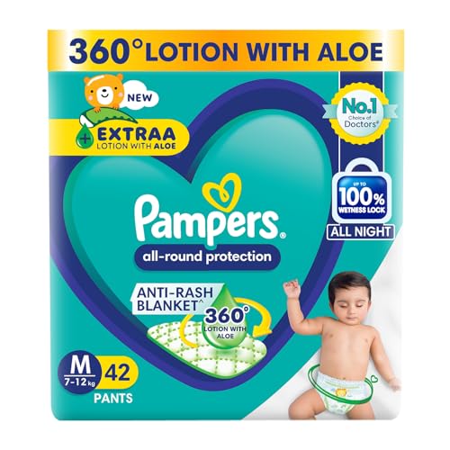Image of Pampers All Round Protection Pants Style Baby Diapers, Medium size (M) 42 Count, 7-12 kg, Anti-rash blanket, 360 degree Lotion with Aloe Vera