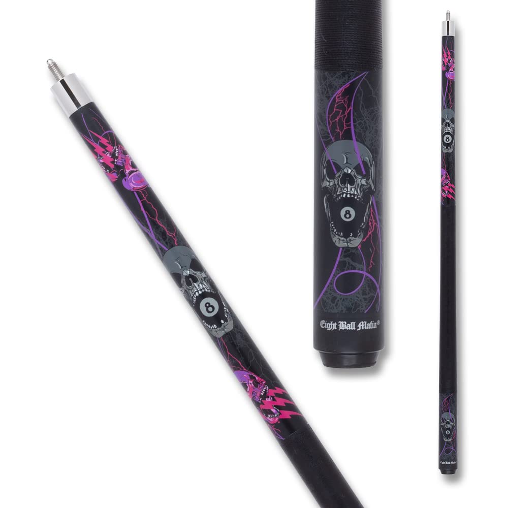 EBM22 Pool Cue - Matte Black, Purple and Pink Lightening Skulls and Grey Skull w/an 8-Ball in Mouth Design