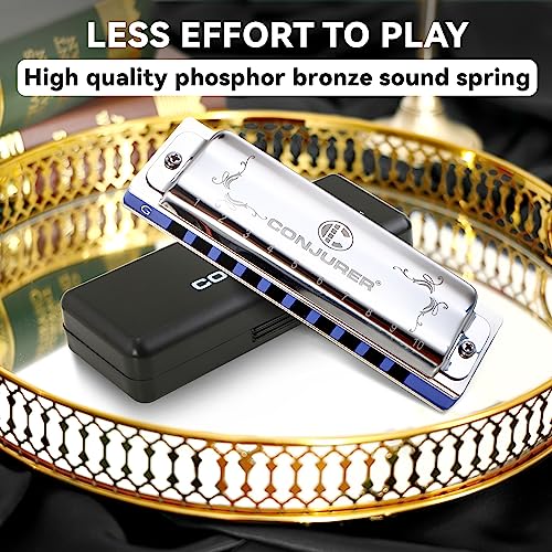 Conjurer Blues Harmonica For Kids Adult Beginners 10 Hole Diatonic Harmonica In G Key Phosphor Bronze Sound Spring Mouth Organ Blues Harp With Case, Key Of G Stainless Steel Silver #TOP4