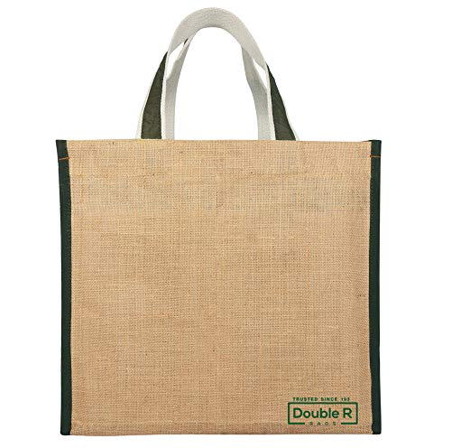 Image of DOUBLE R BAGS Big Heavy Duty Eco Reusable Jute Cloth Shopping Bag with 6 Pockets & Reinforced Handles | Grocery, Milk, Fruits & Vegetable Carry Organizer Tote | Dark Green, 45x17x35 cm, 1 Compartment