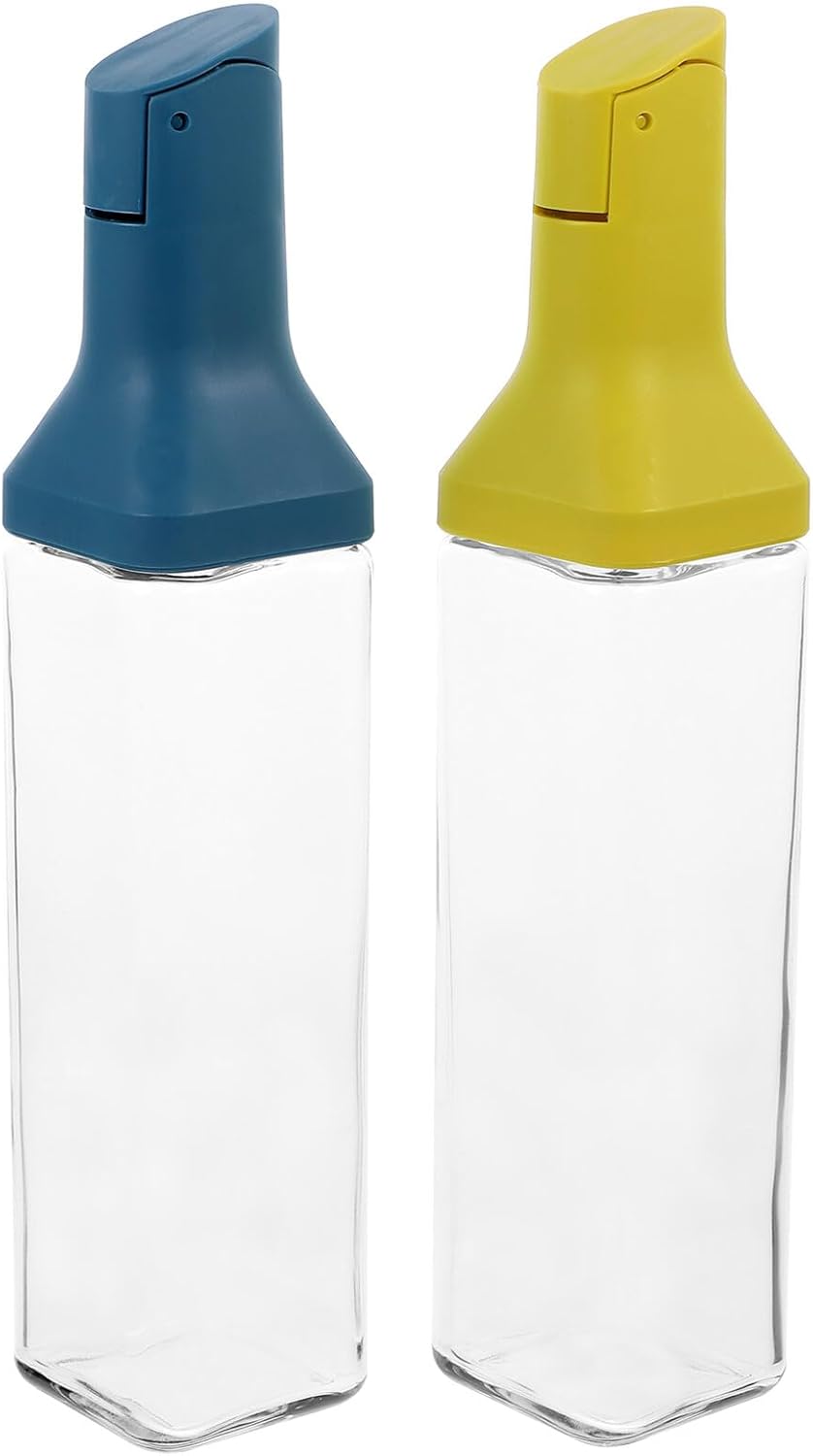 2pcs Glass Cooking Oil Bottles and Vinegar Containers, Leak-proof Kitchen Seasoning Dispensers with Pour Spouts, Bright Yellow and Blue, Suitable for Olive Oil and Soy Sauce