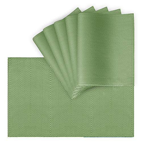 Best Deal Cheap 🛒 VCVCOO Anti-Stain Double Sided Placemats for Kitchen Table, 13 x19 inch Cloth Place mats Set of 6 Pieces,Green Herringbone Fabric Table Mats Machine Washable
