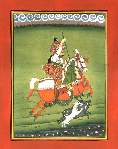 Aquarelle Hunt of a Mewar Warrior : tableau scène de chasse pour créer un salon zen et évocateur