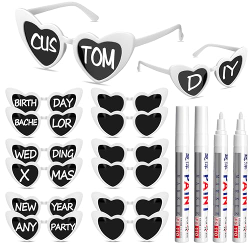 Flutesan 12 Pcs Personalized Heart Shaped Sunglasses Bulk Heart Glasses with 4 Paint Pens for DIY Wedding Party Favors
