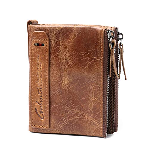 Mens Gunuine Leather Wallet Bifold Large Capacity Credit Cards Holder with RFID Blocking (Brown)