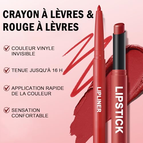 Combo Lèvre 2-en-1 Crayon à Lèvres + Rouge à Lèvres Mat, Couleur Intense et Longue Tenue, Texture Crémeuse et Confortable, Kit Maquillage Lèvres Naturelles et Élégantes #08 – Image 6