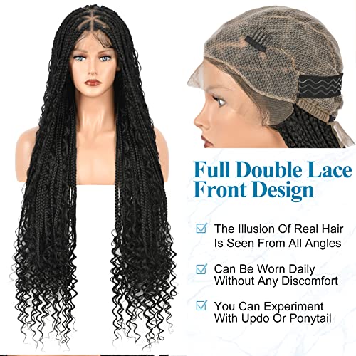 Olymei 36 Inches Full Double Lace Front Triangle Knotless Box Braided Wigs With Boho Curls Ends Box Braids Wig With Baby Hair For Black Women Black Synthetic Lace Frontal Braid Wigs(Curly) #TOP3