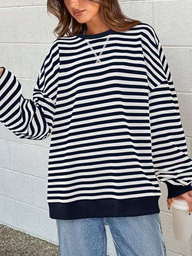 Image of PRETTYGARDEN Womens Striped Oversized Sweatshirt Color Block Crew Neck Long Sleeve Casual Loose Pullover Top Y2K Clothes