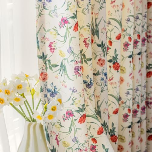 Image of SUOUO Red Floral Curtains for Living Room Chenille Light Filtering 84 Inches Long 2 Panels Patterned Green Yellow Wildflower Window Drapes for Dining Bedroom