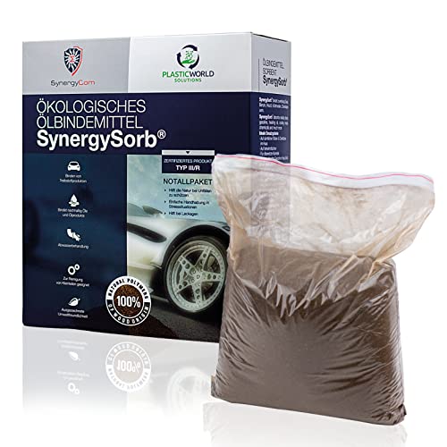 SynergySorb 1kg | Öl-Bindemittel Typ III R Ökologischer Öl-Binder aus Lignin DEKRA-zertifiziert | Starke-Sichere-Chemikalien-Oil-Bindung | Notfall- & Werkstattpaket Nachhaltig Bindestark