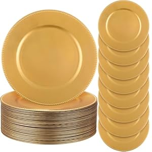 Jinei 36 Pack Beaded Charger Plates 13 Inch Round Charger Plates Vintage Table Decoration Reusable Dinner Charger Tray for Table St Patricks Day Easter Wedding Holiday Party Decoration(Gold)