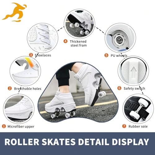 2 in 1 Roller Shoes PU Leather Outdoor Deformation Roller Skates for Men Women, Retractable Automatic Walking Sneakers with Wheels Comfortable High-Top Casual3