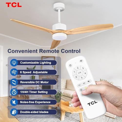 Image of TCL 52 inch Natural Wood Downrod Ceiling Fan with Light & Remote