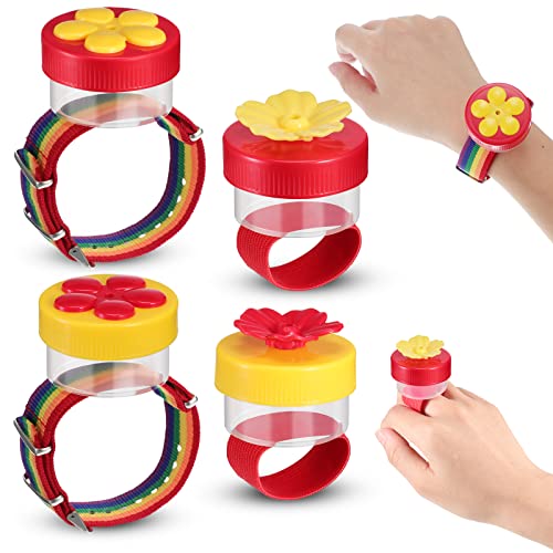 Zopeal 4 Pieces Hummingbird Wrist Feeder for Outdoor Hummingbird Hand Feeder Feeding Perch Feed with Adjustable Strap Flower Held Mini Hand Feeding Tools (Ring and Wrist Style)